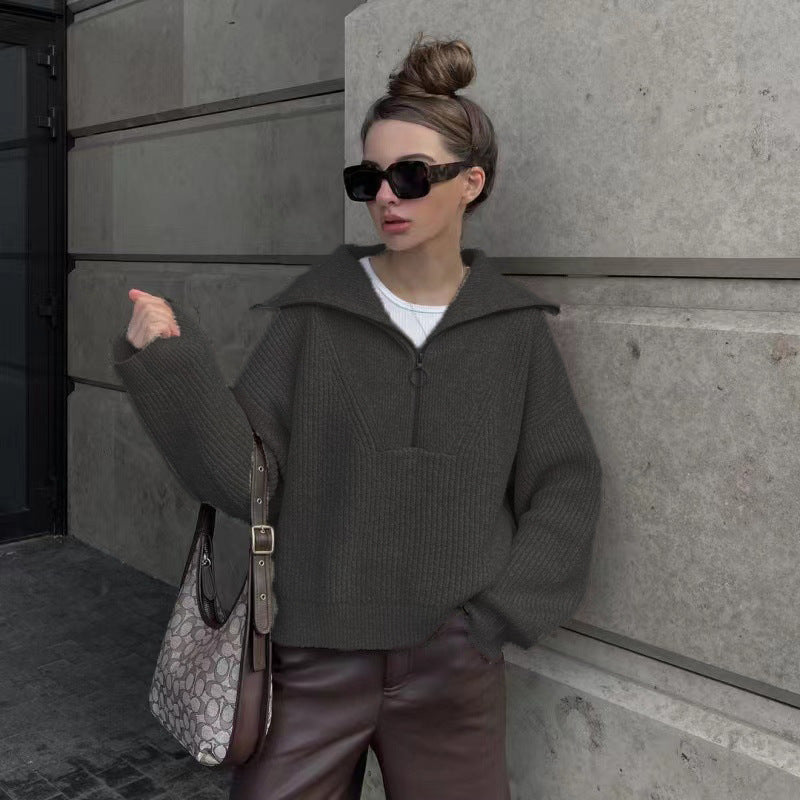 Pullover damski z zamkiem błyskawicznym, luźny krój i kołnierz stójkowy - 3 - Livia-Moda