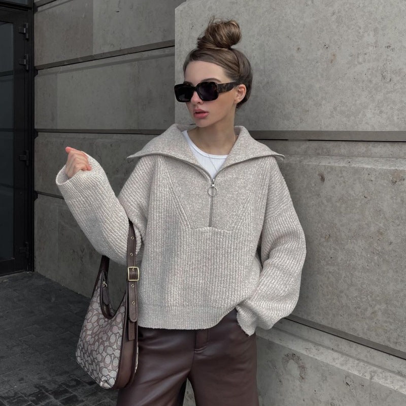 Pullover damski z zamkiem błyskawicznym, luźny krój i kołnierz stójkowy - 5 - Livia-Moda