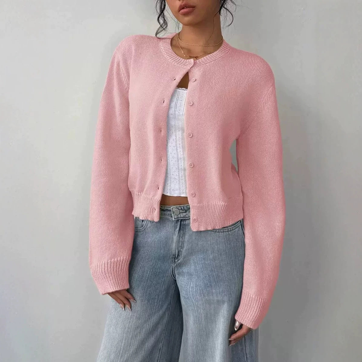 Cardigan damski z okrągłym dekoltem i długimi rękawami - 1 - Livia-Moda
