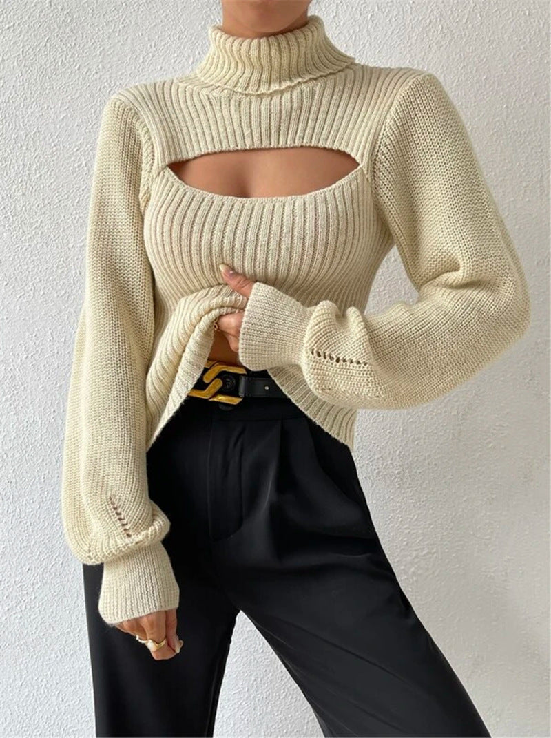 Pullover damski z wysokim kołnierzem i wycięciami - 3 - Livia-Moda