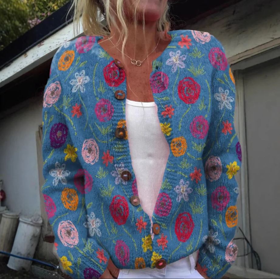 Cardigan damski z kwiatowym wzorem i kolorowym wykończeniem - 1 - Livia-Moda