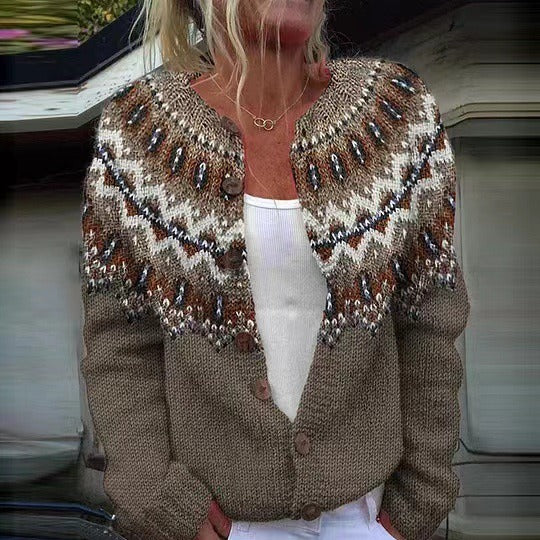 Cardigan damski z wzorem i guzikami, luźny krój - 1 - Livia-Moda