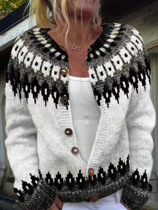 Cardigan damski z wzorem - Klasyczny krój z guzikami - 1 - Livia-Moda