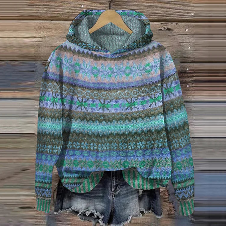 Pullover damski z kapturem w kolorowe wzory i luźnym kroju - 1 - Livia-Moda