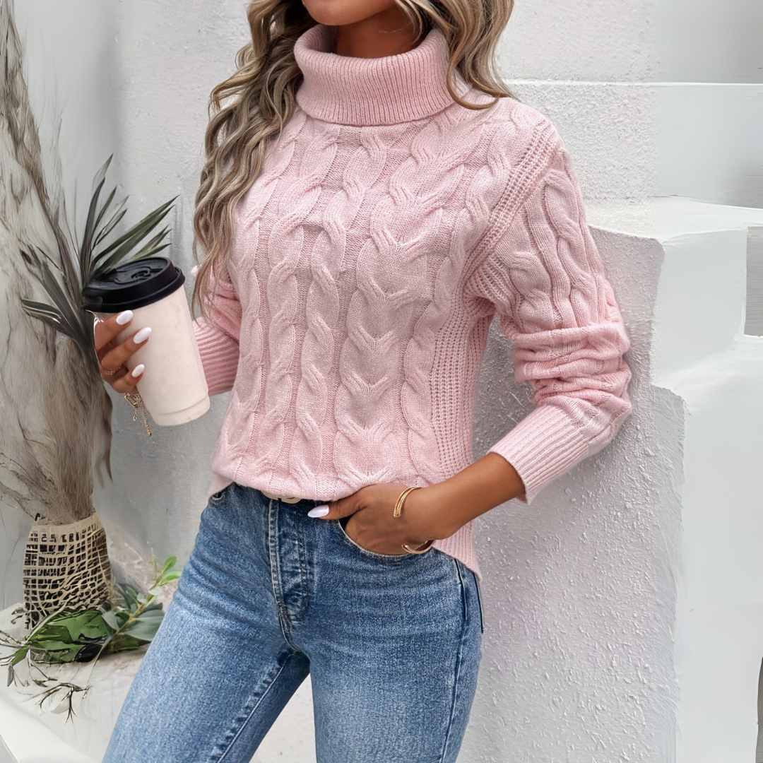 Pullover damski z golfem i wzorem w warkocze, różowy - 1 - Livia-Moda