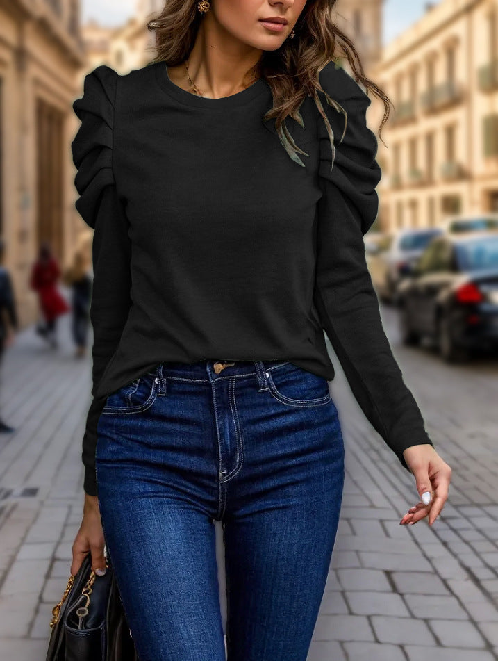 Pullover damski z bufkami i okrągłym dekoltem - 2 - Livia-Moda