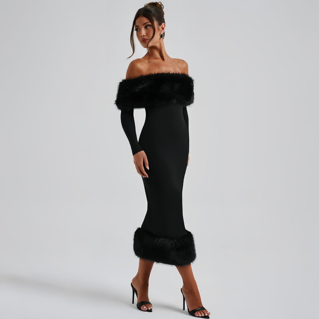 Sukienka wieczorowa damska dopasowana z dekoltem off-shoulder i falbanami - 1 - Livia-Moda