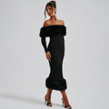 Sukienka wieczorowa damska dopasowana z dekoltem off-shoulder i falbanami - 1 - Livia-Moda