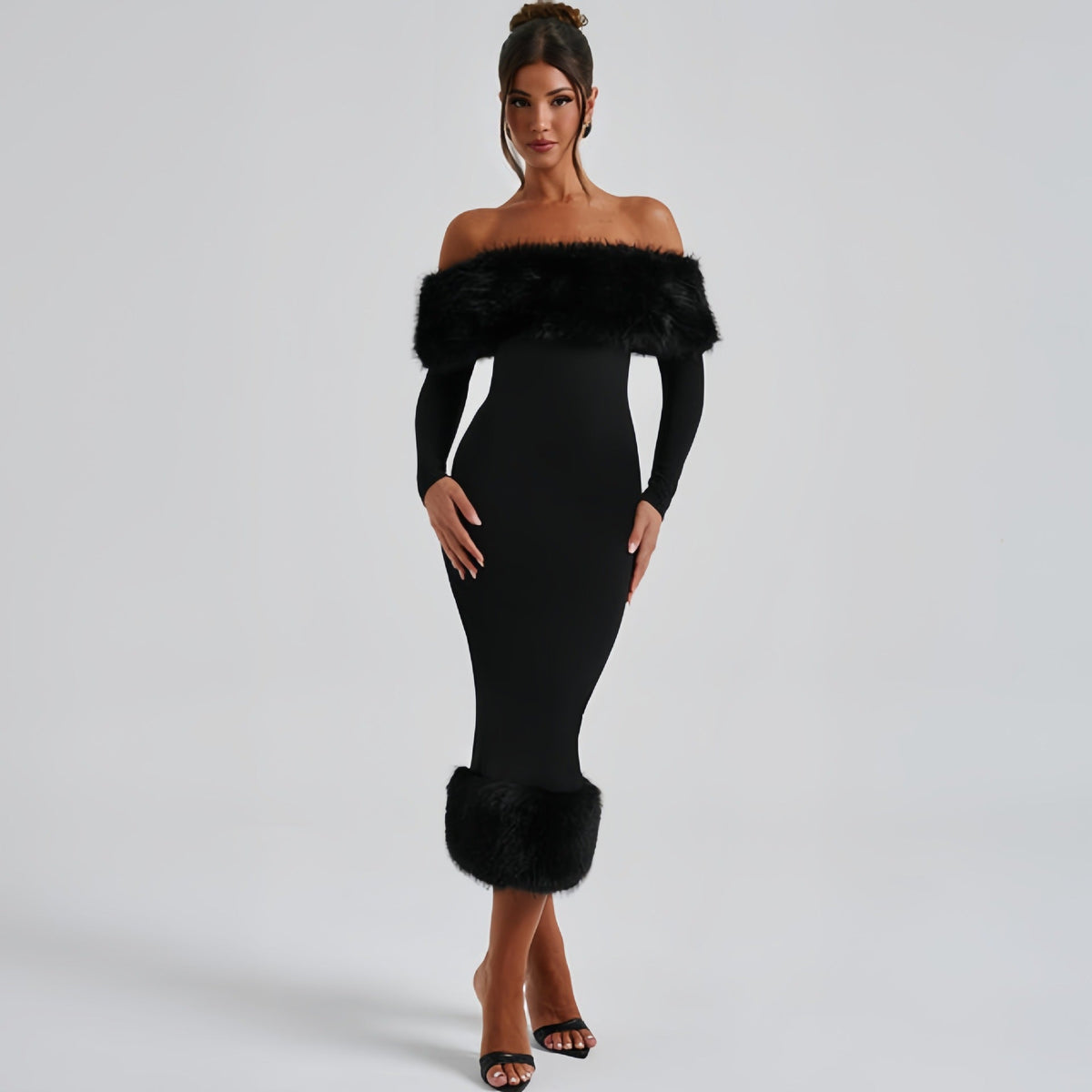 Sukienka wieczorowa damska dopasowana z dekoltem off-shoulder i falbanami - 2 - Livia-Moda