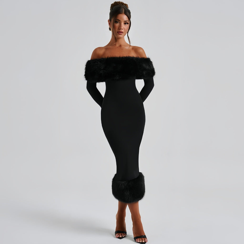 Sukienka wieczorowa damska dopasowana z dekoltem off-shoulder i falbanami - 4 - Livia-Moda