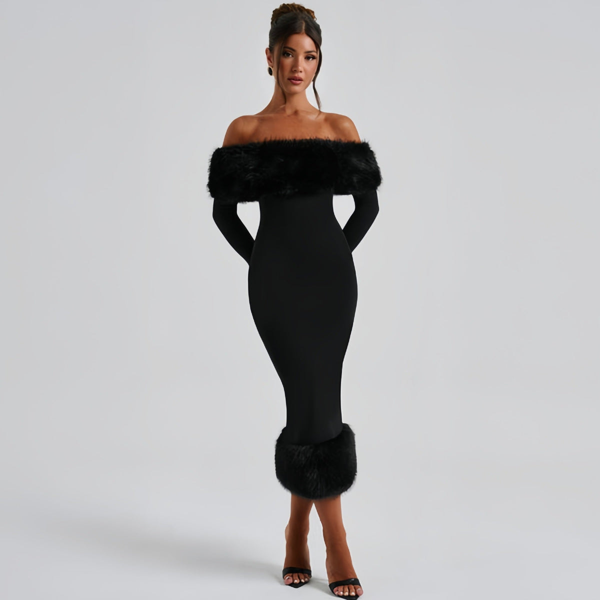 Sukienka wieczorowa damska dopasowana z dekoltem off-shoulder i falbanami - 4 - Livia-Moda