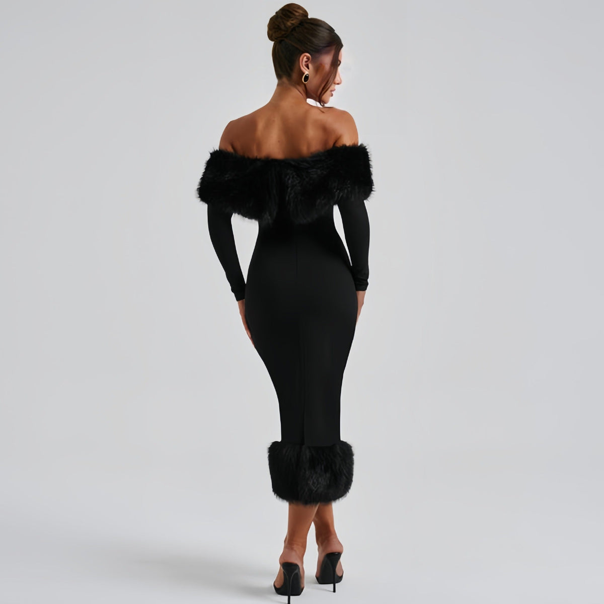 Sukienka wieczorowa damska dopasowana z dekoltem off-shoulder i falbanami - 5 - Livia-Moda