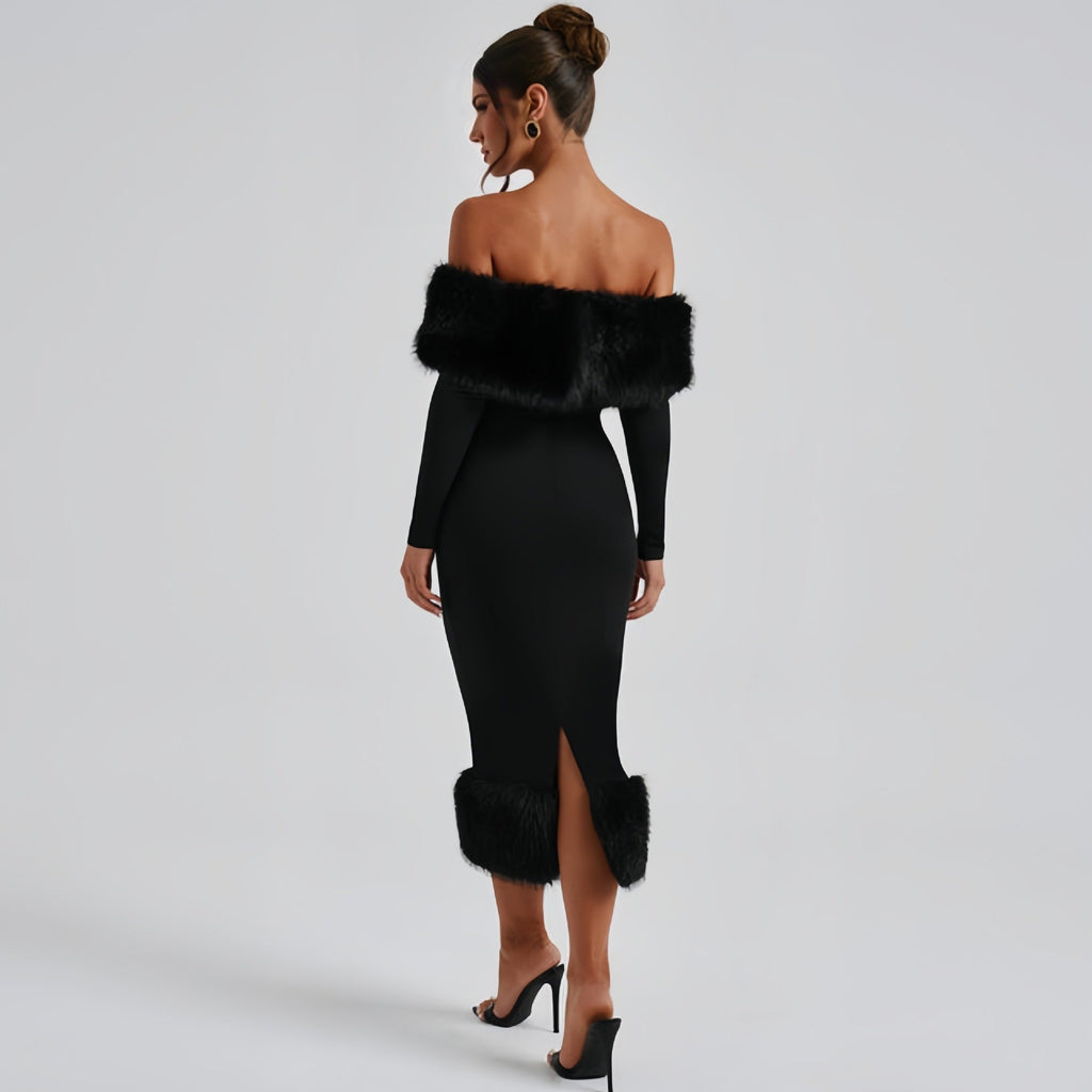 Sukienka wieczorowa damska dopasowana z dekoltem off-shoulder i falbanami - 6 - Livia-Moda