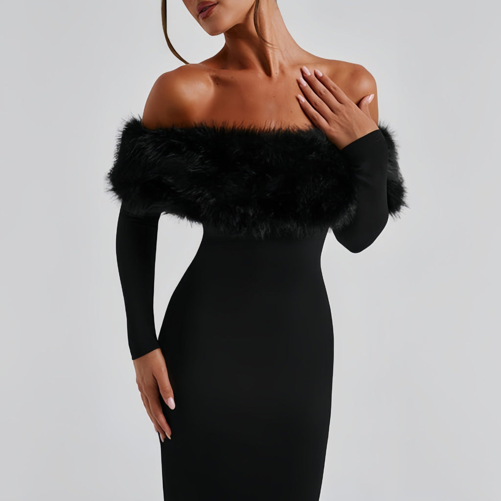 Sukienka wieczorowa damska dopasowana z dekoltem off-shoulder i falbanami - 7 - Livia-Moda