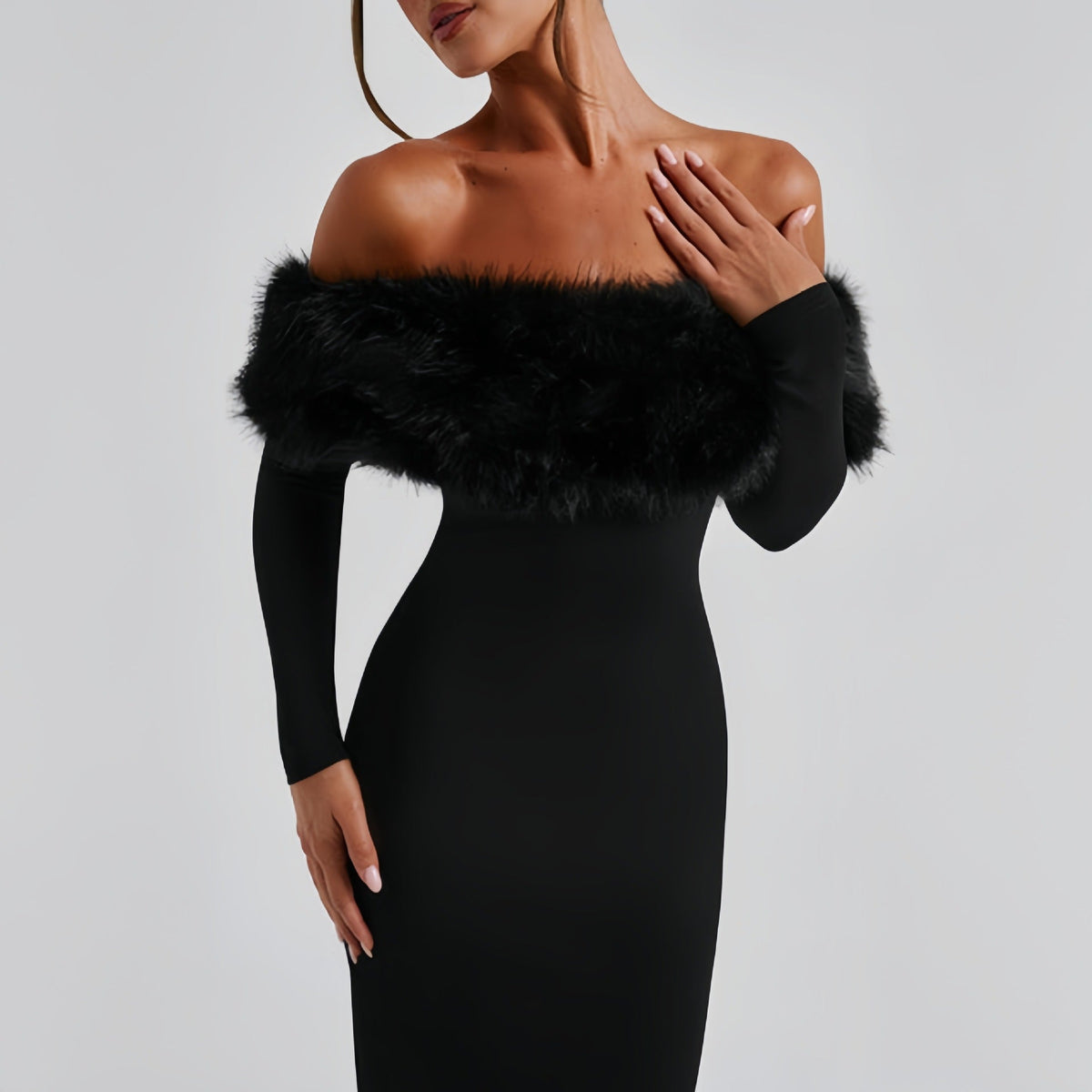 Sukienka wieczorowa damska dopasowana z dekoltem off-shoulder i falbanami - 7 - Livia-Moda
