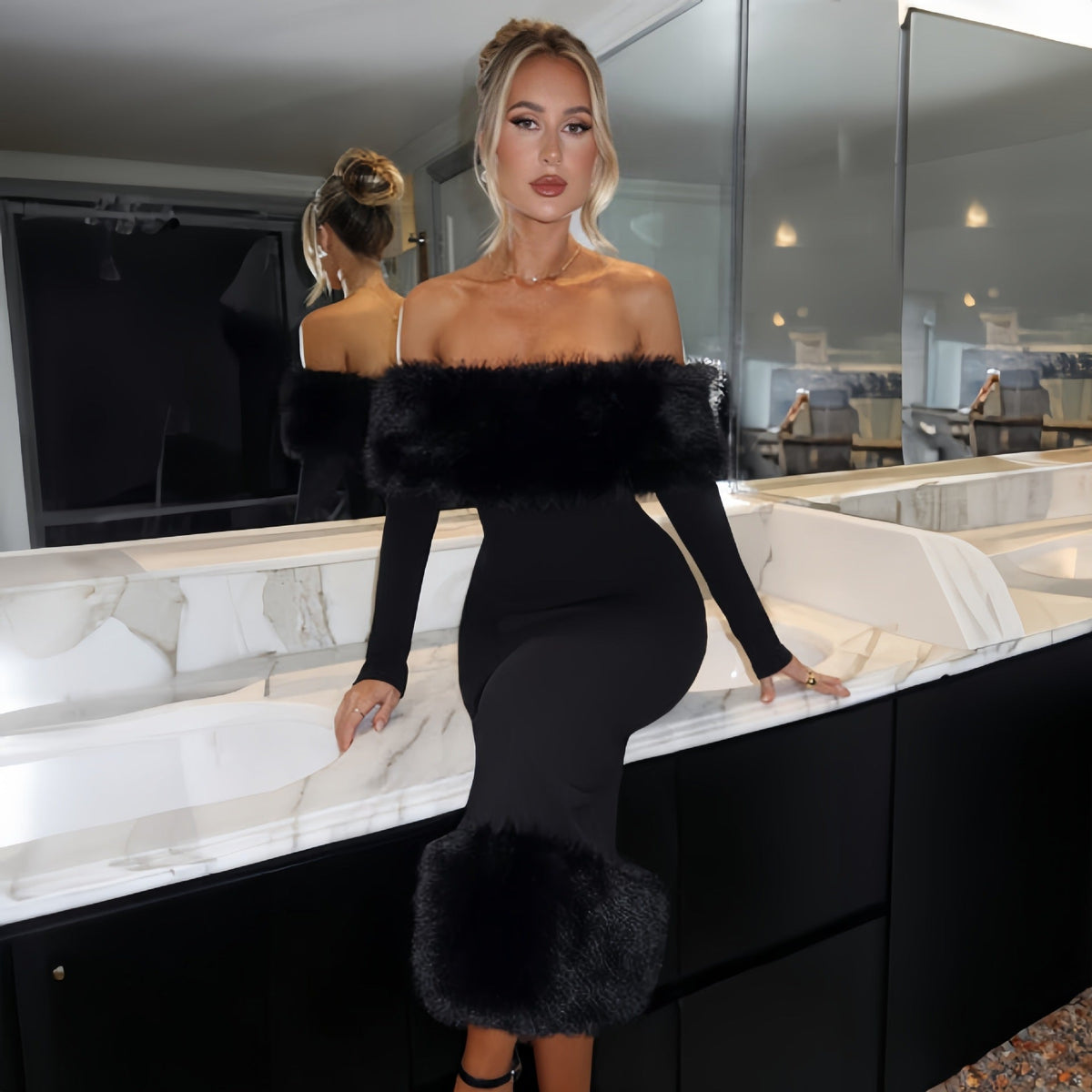 Sukienka wieczorowa damska dopasowana z dekoltem off-shoulder i falbanami - 8 - Livia-Moda