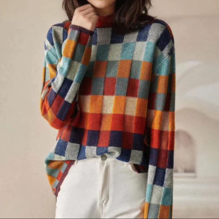 Pullover damski z wysokim kołnierzem i wzorem w kratę - 1 - Livia-Moda