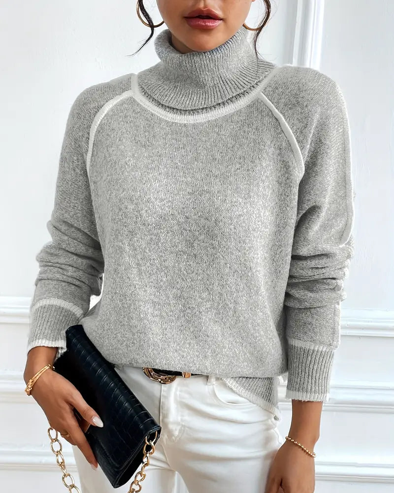 Sweter damski z wysokim kołnierzem i kontrastowymi detalami - 3 - Livia-Moda