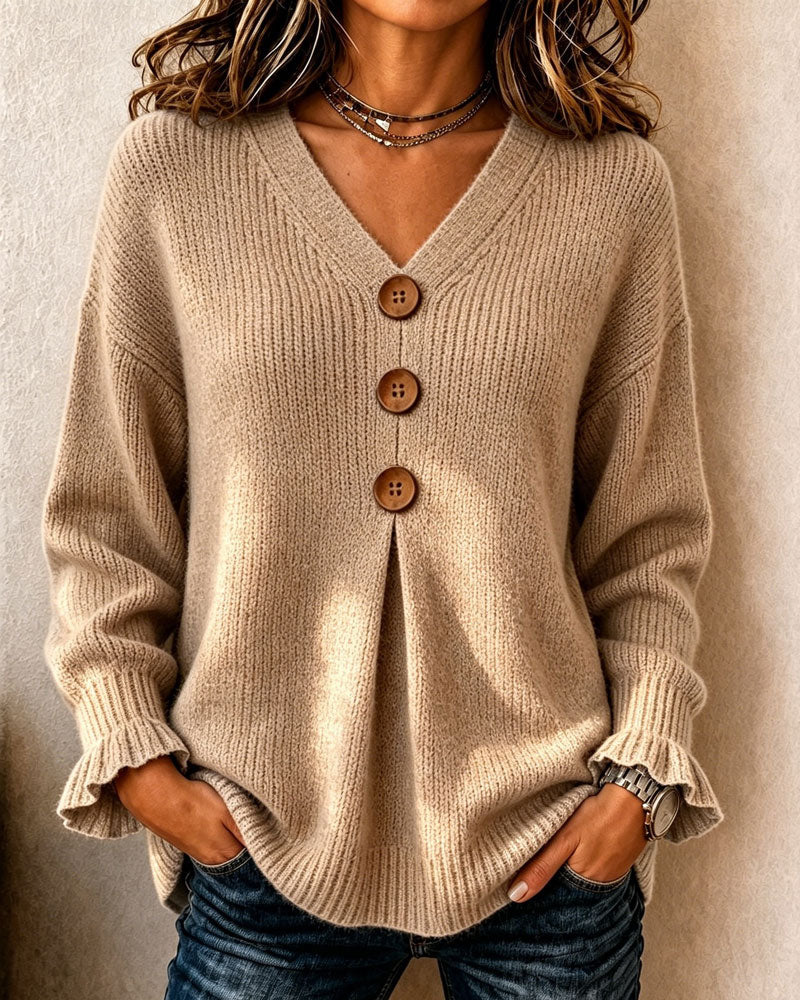 Pullover damski w dekoltem V i guziki - 1 - Livia-Moda