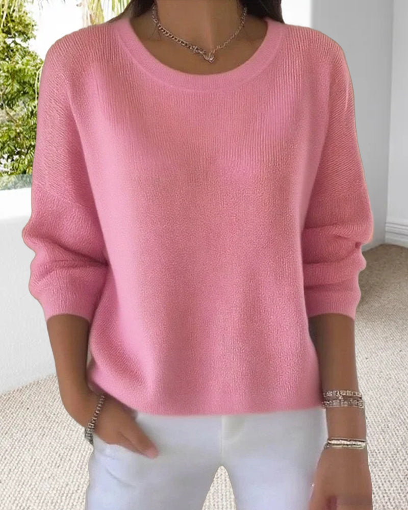 Pullover damski z okrągłym dekoltem i długimi rękawami w świeżym różu - 3 - Livia-Moda