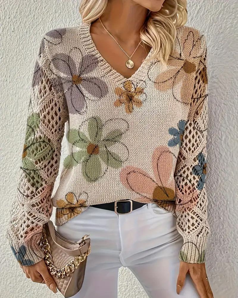 Pullover damski z dekoltem w serek i kwiatowym wzorem - 1 - Livia-Moda