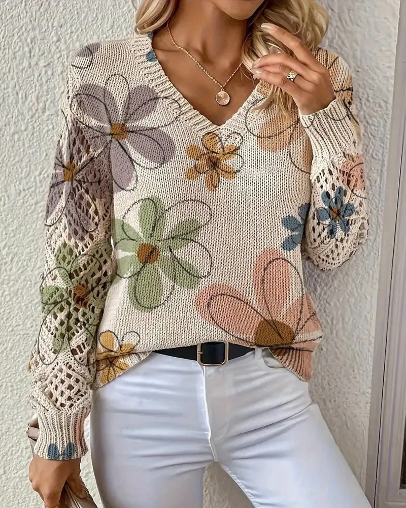 Pullover damski z dekoltem w serek i kwiatowym wzorem - 2 - Livia-Moda