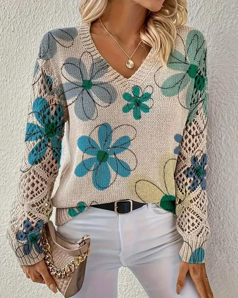 Pullover damski z dekoltem w serek i kwiatowym wzorem - 6 - Livia-Moda