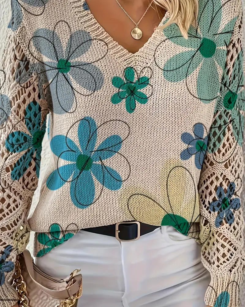 Pullover damski z dekoltem w serek i kwiatowym wzorem - 9 - Livia-Moda