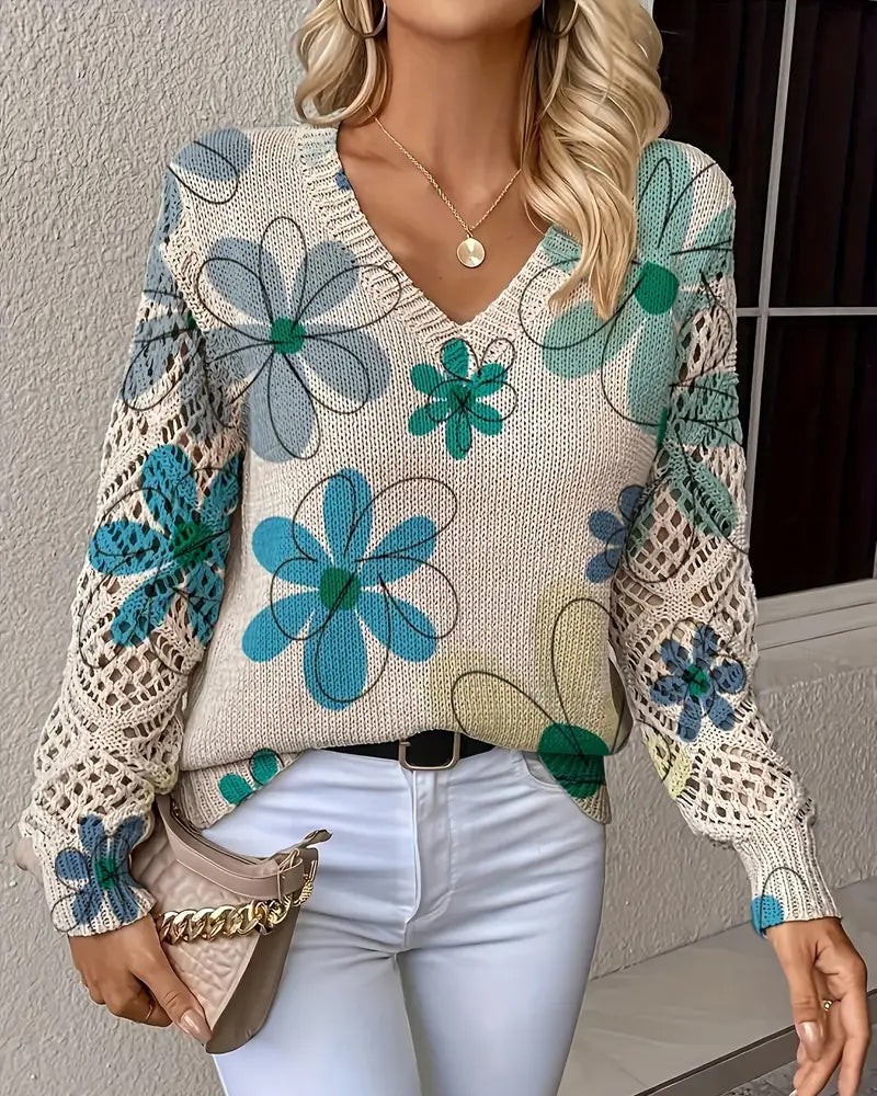 Pullover damski z dekoltem w serek i kwiatowym wzorem - 10 - Livia-Moda