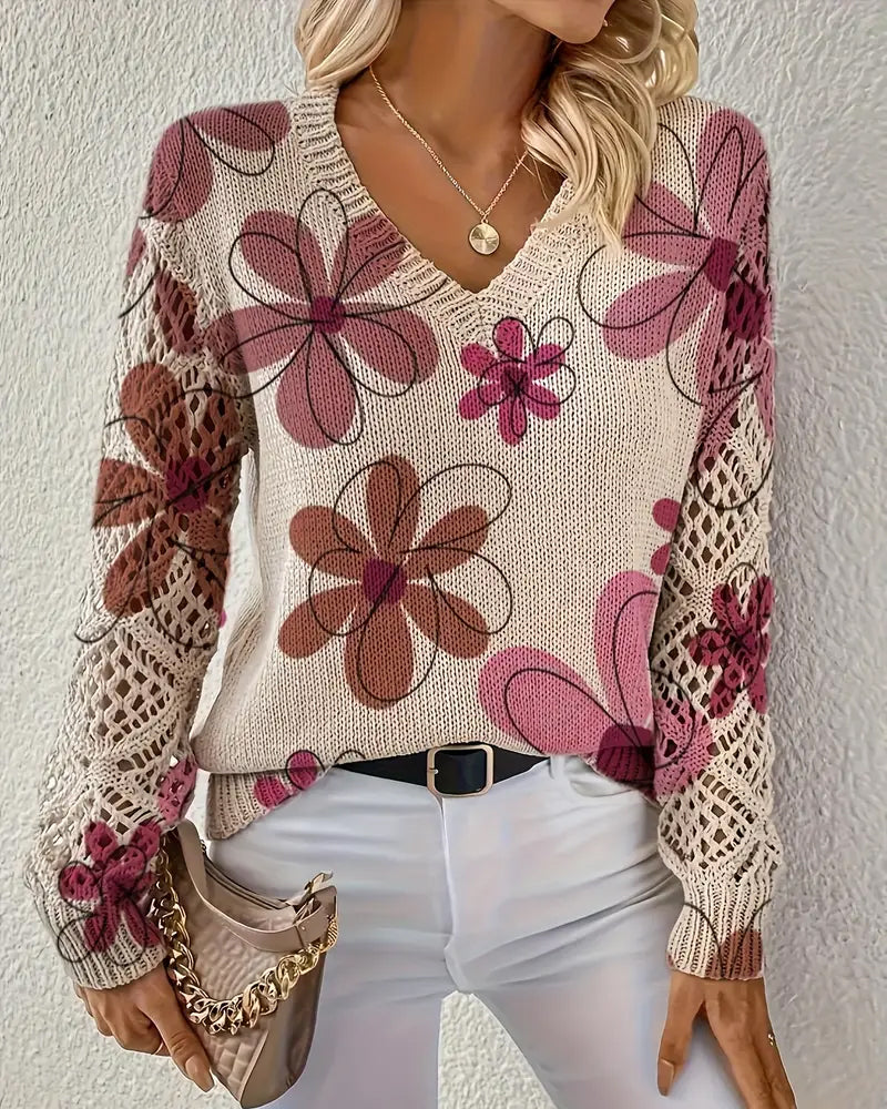 Pullover damski z dekoltem w serek i kwiatowym wzorem - 14 - Livia-Moda