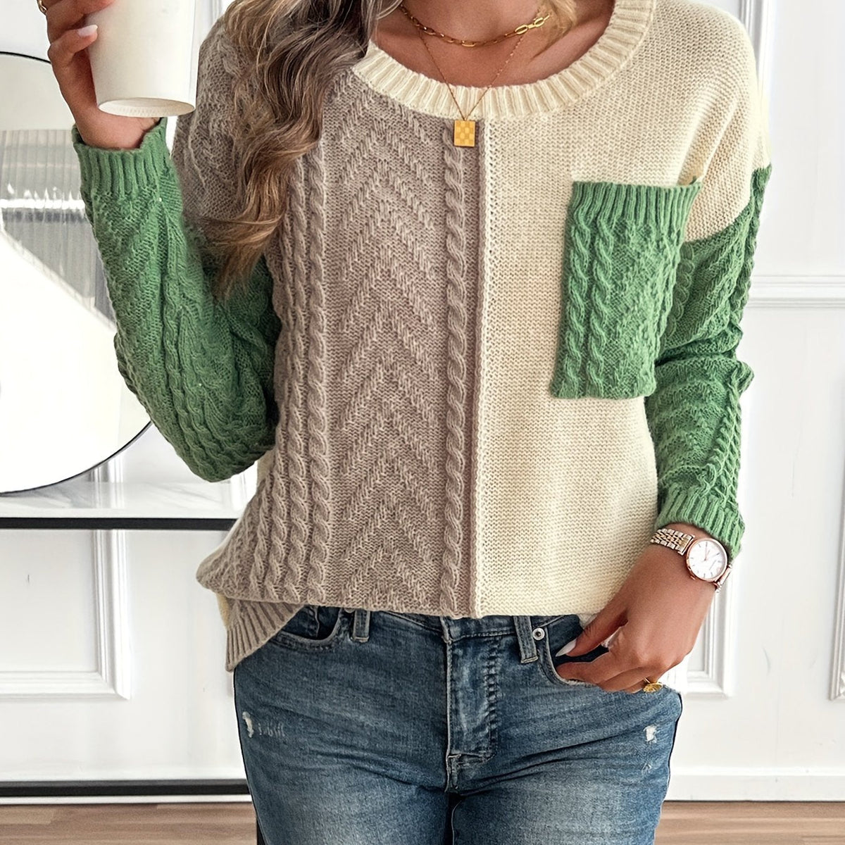 Pullover damski z dekoltem okrągłym i długim rękawem, w dwóch kolorach - 1 - Livia-Moda