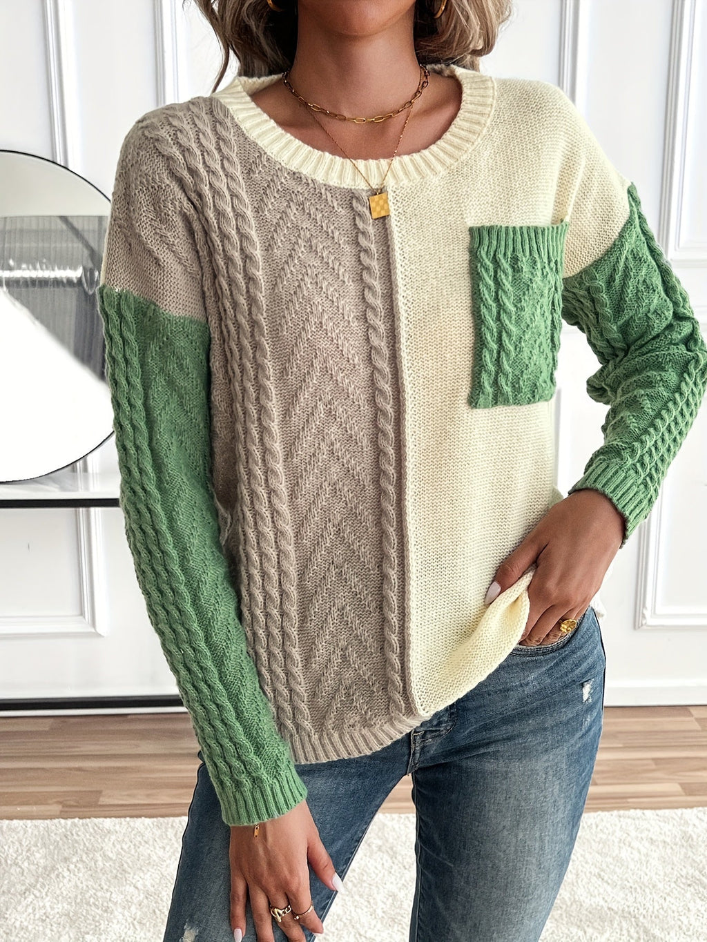 Pullover damski z dekoltem okrągłym i długim rękawem, w dwóch kolorach - 5 - Livia-Moda