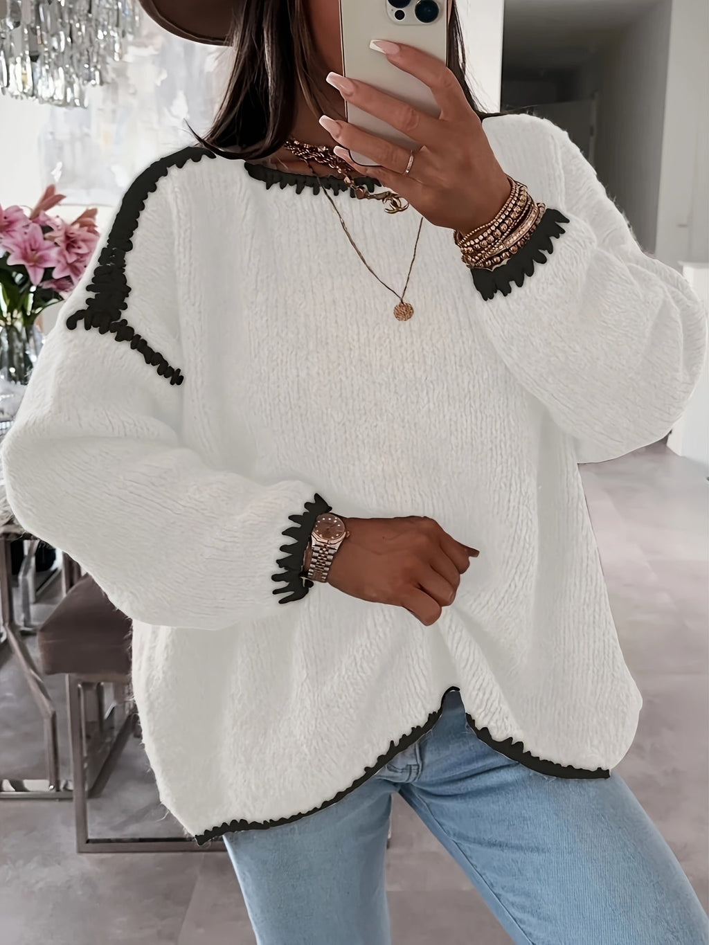 Pullover damski luźny z dekoltem U i szerokimi rękawami - 6 - Livia-Moda