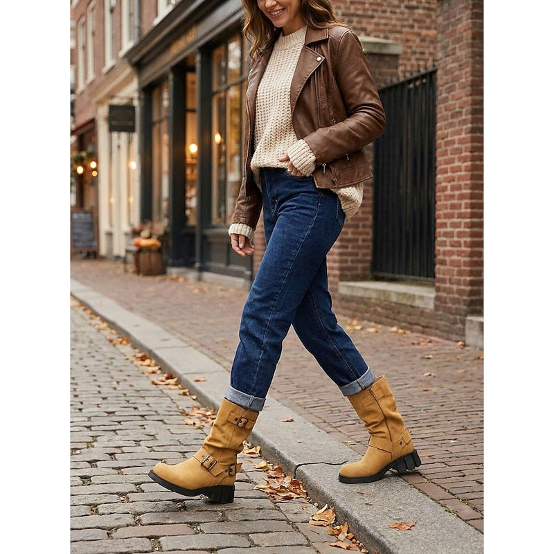 Biker Boots damskie z klamrami i blokowym obcasem - 7 - Livia-Moda