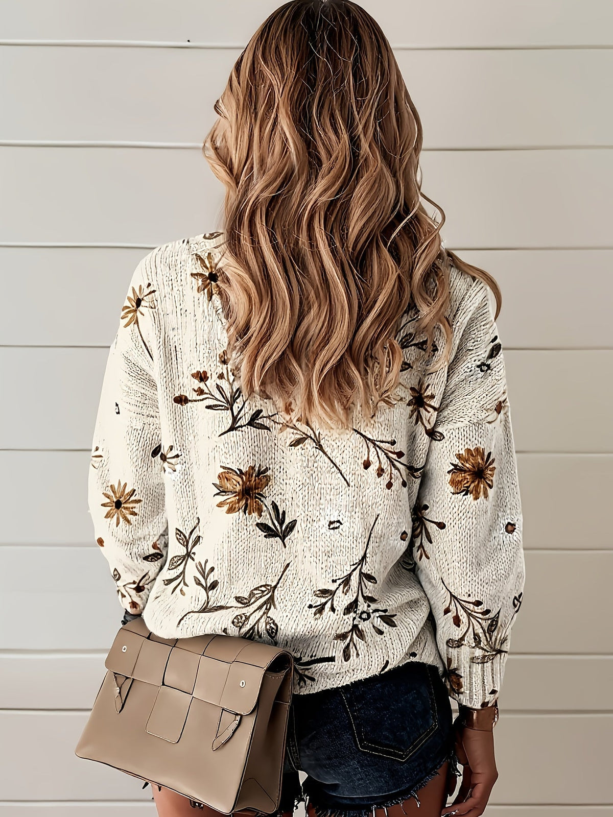 Pullover damski w kwiaty z dekoltem V i luźnym krojem - 3 - Livia-Moda