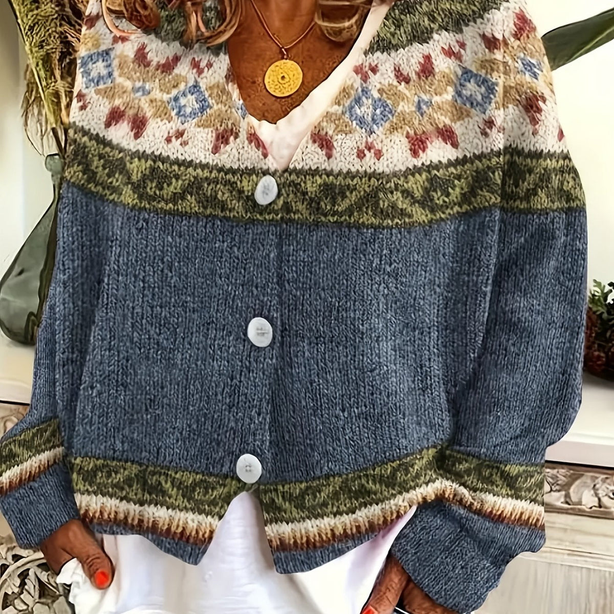 Cardigan damski z wzorem i guzikiem, luźny krój - 1 - Livia-Moda