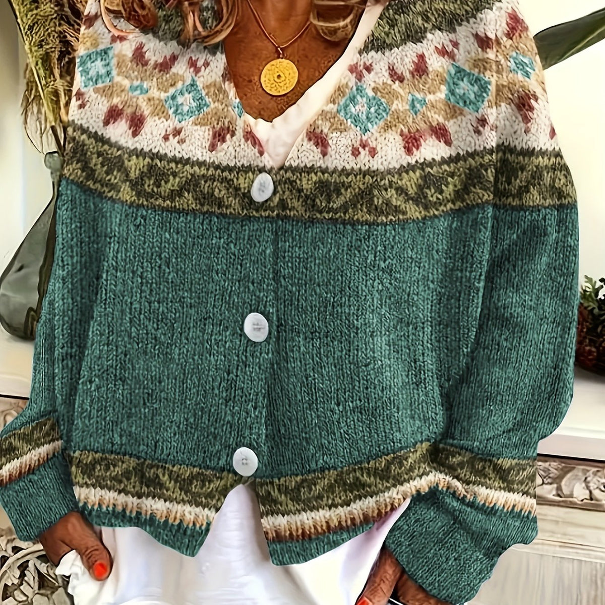 Cardigan damski z wzorem i guzikiem, luźny krój - 5 - Livia-Moda