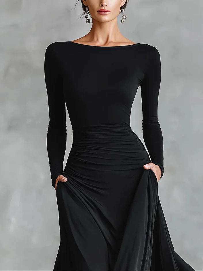 Sukienka maxi damska z długim rękawem i dekoltem w łódkę - 2 - Livia-Moda
