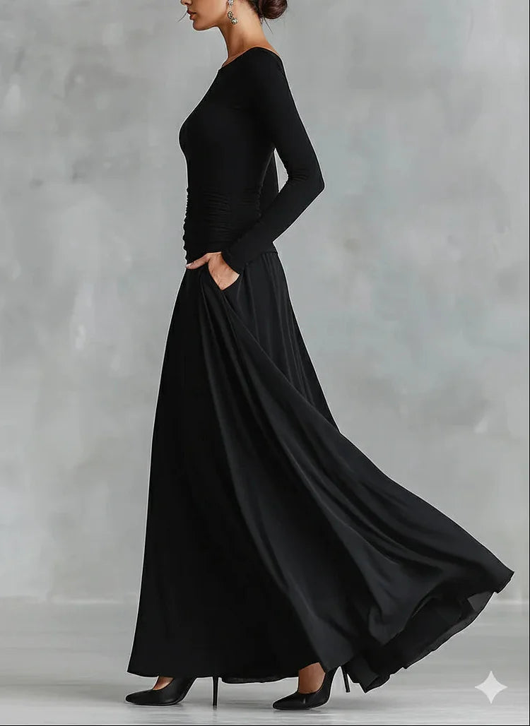 Sukienka maxi damska z długim rękawem i dekoltem w łódkę - 3 - Livia-Moda