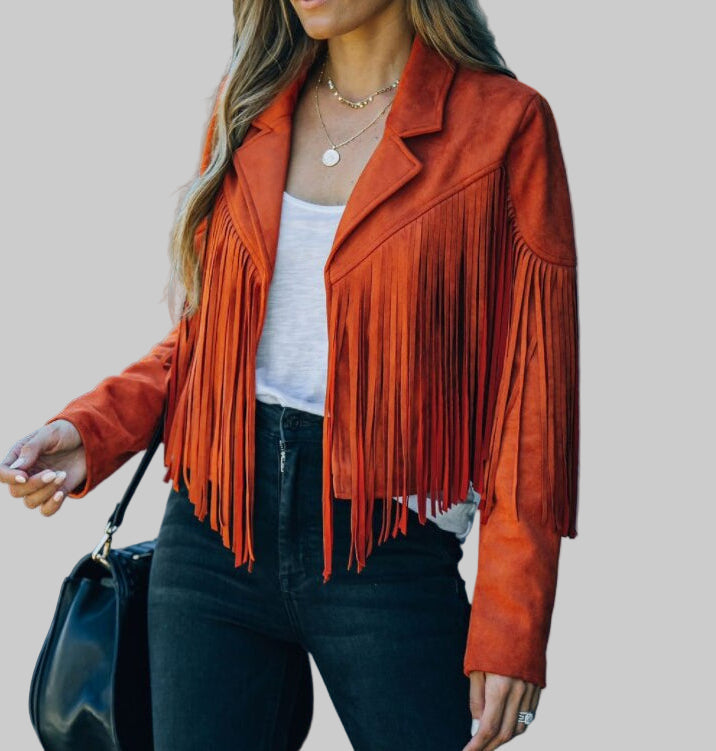 Kurtka damska z frędzlami w kolorze pomarańczowym - 2 - Livia-Moda