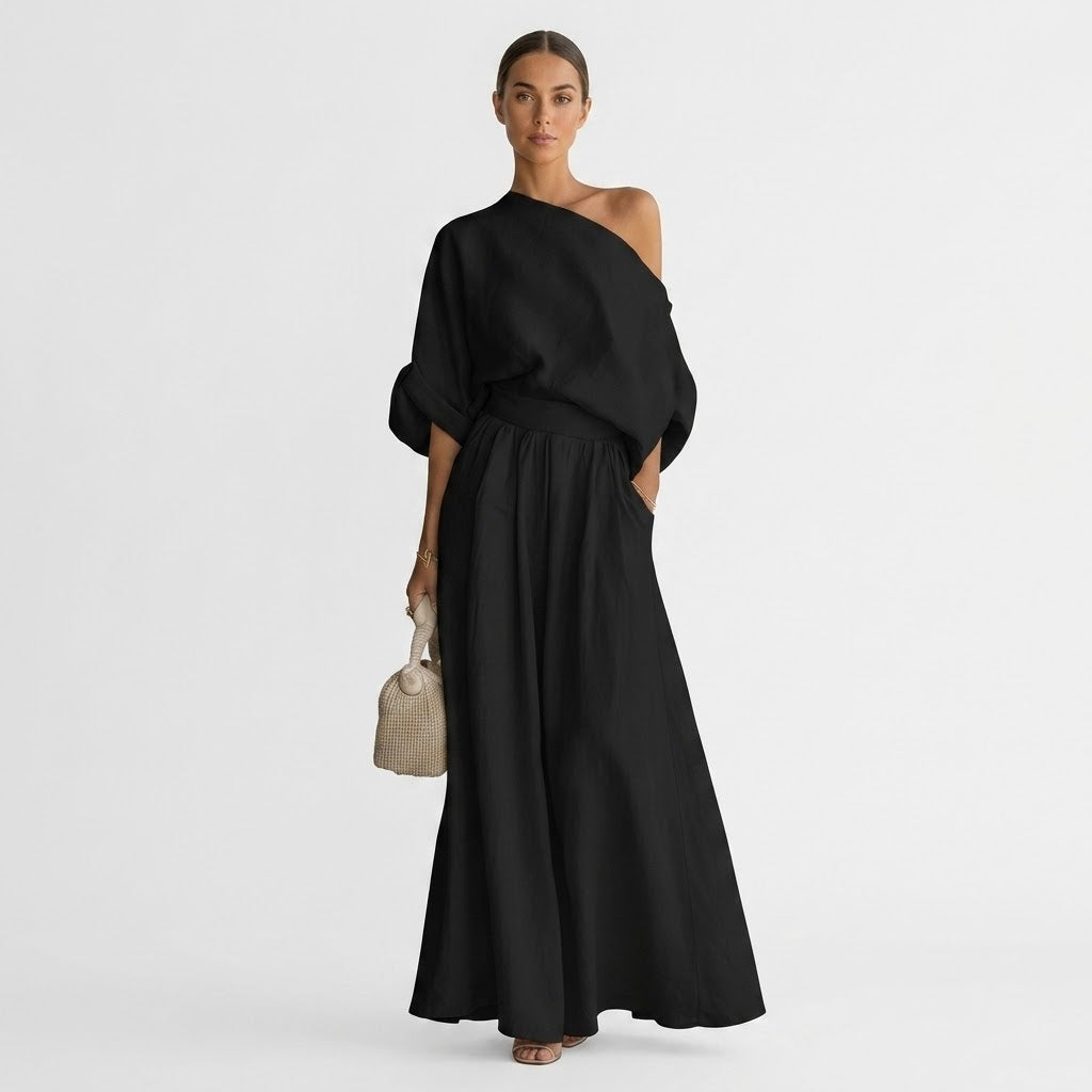 Sukienka maxi damska z dekoltem asymetrycznym i luźnym krojem - 1 - Livia-Moda