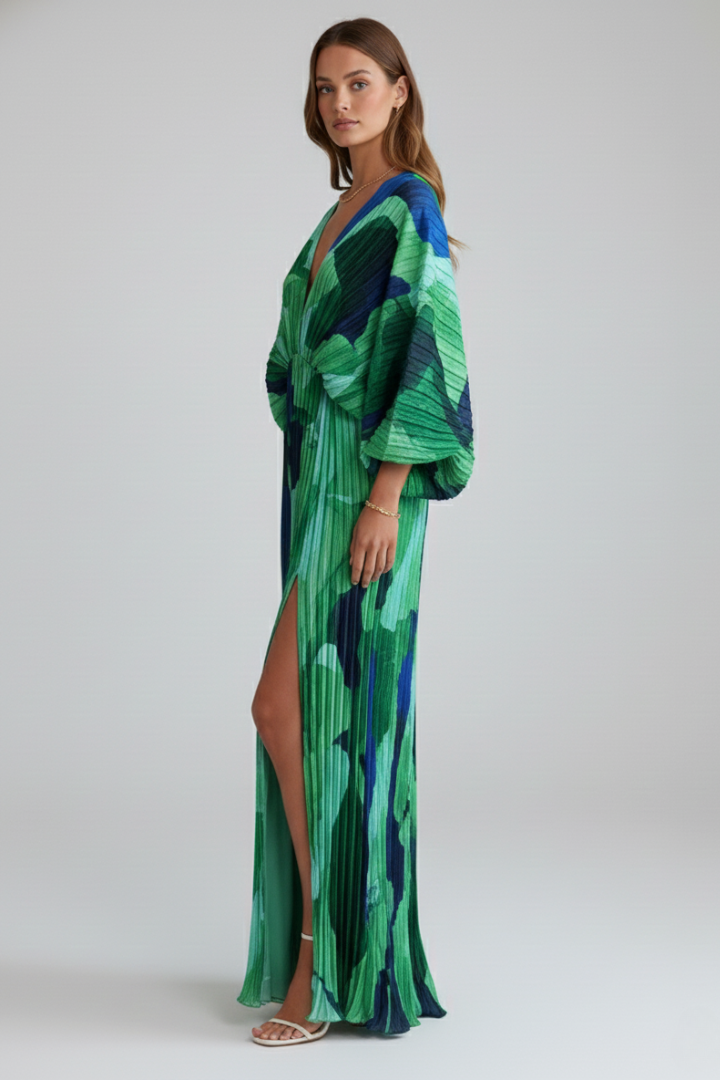 Sukienka maxi damska w kwiaty z dekoltem V i luźnymi rękawami - 4 - Livia-Moda
