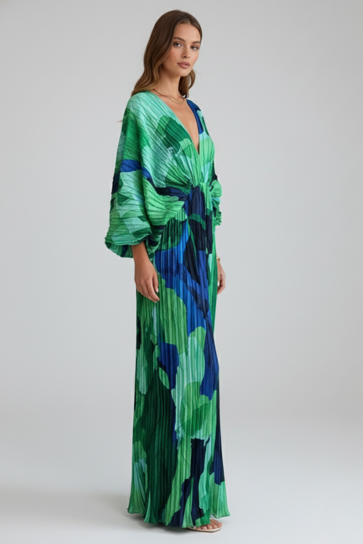 Sukienka maxi damska w kwiaty z dekoltem V i luźnymi rękawami - 5 - Livia-Moda