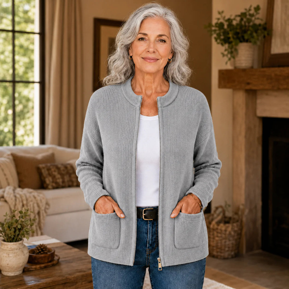 Cardigan damski z kieszeniami, luźny krój i stójka - 1 - Livia-Moda
