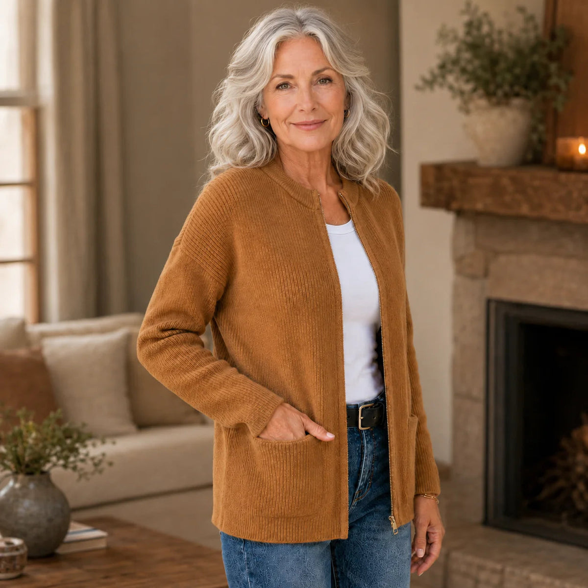Cardigan damski z kieszeniami, luźny krój i stójka - 3 - Livia-Moda