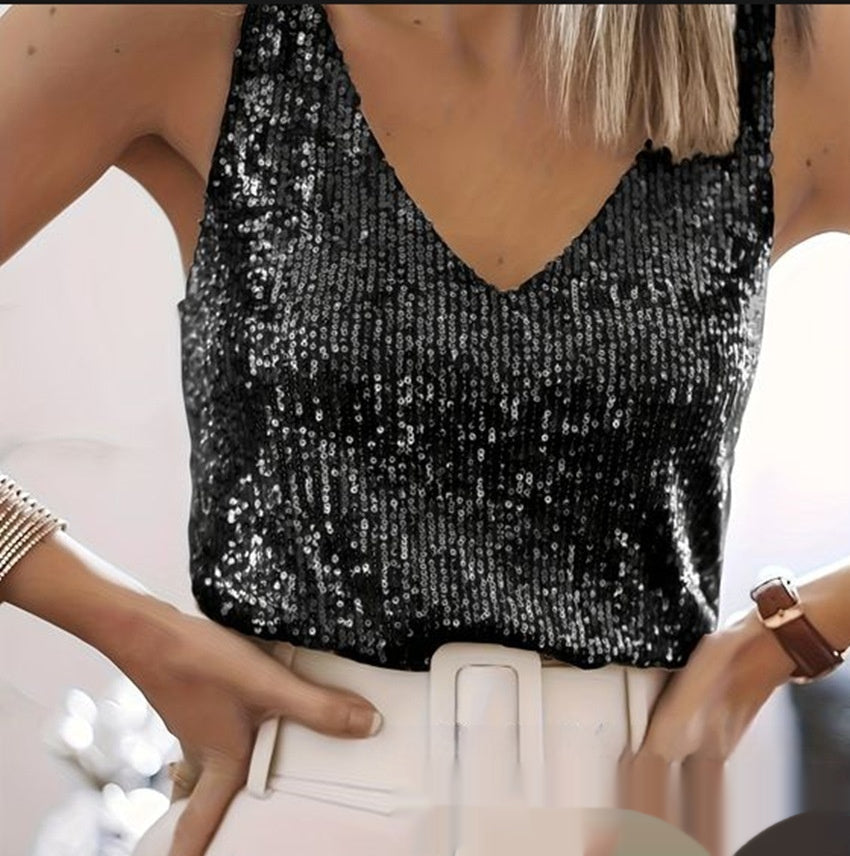 Top damski z dekoltem V i błyszczącym wykończeniem - 2 - Livia-Moda