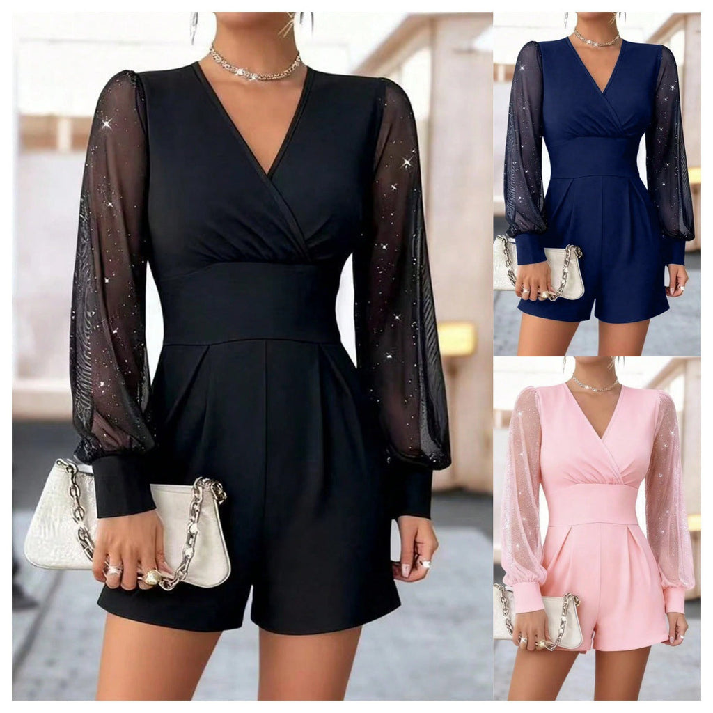 Jumpsuit damski z dekoltem V i bufkami, elegancki - 1 - Livia-Moda