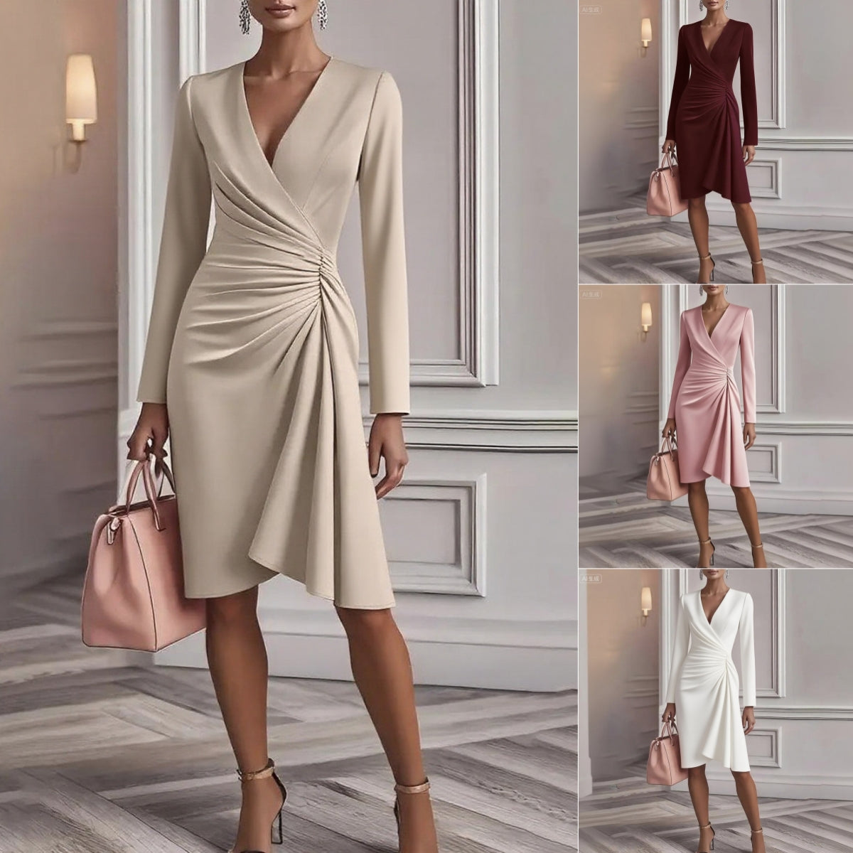 Sukienka wieczorowa damska kopertowa z dekoltem V i długimi rękawami - 2 - Livia-Moda