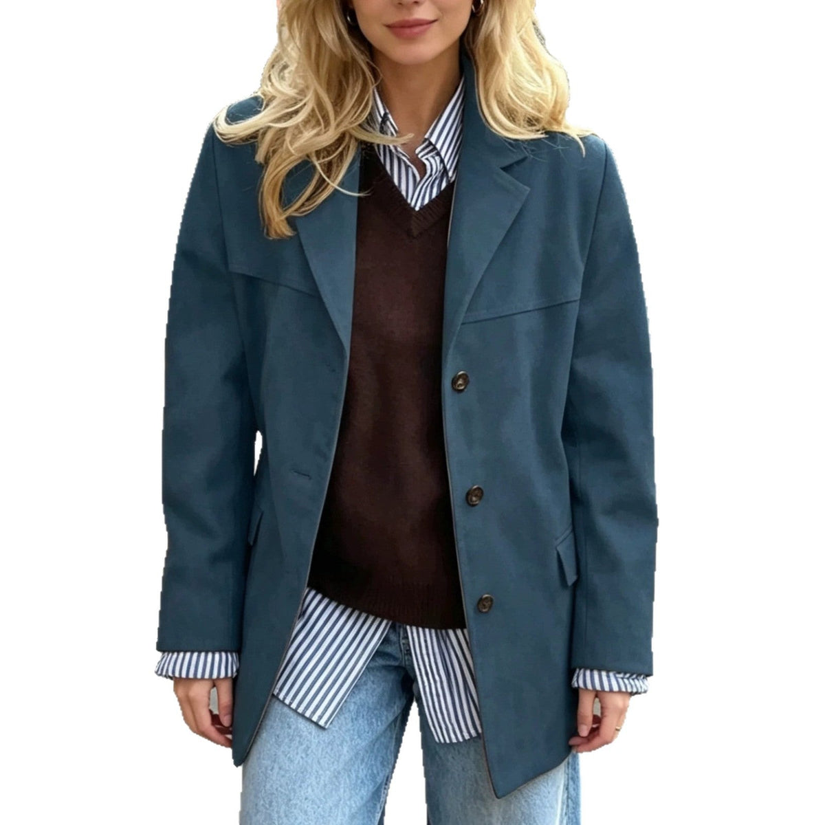 Blazer damski z luźnym krojem i długim rękawem, w kolorze oliwkowym - 8 - Livia-Moda