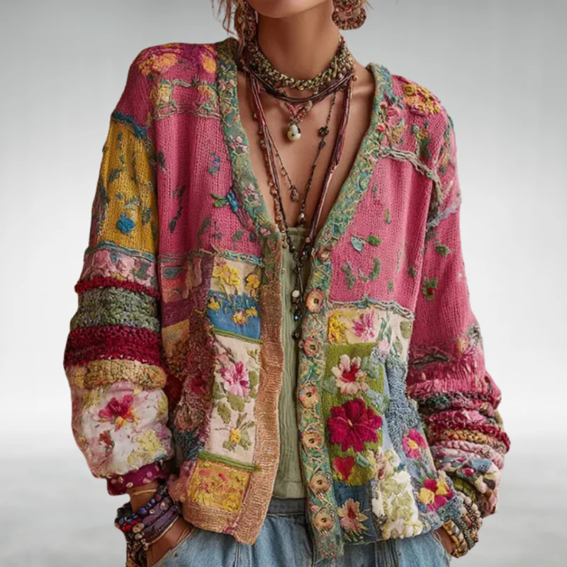 Cardigan damski z kolorowym wzorem patchworkowym i dekoltem w serek - 1 - Livia-Moda
